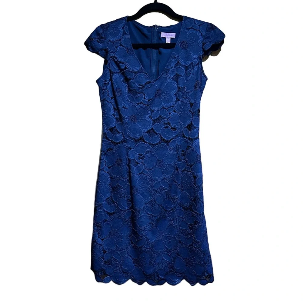 Lilly Pulitzer Dixie Lace Sheath Dress Blue Size 4 EUC Fully Lined Back Zip - Picture 1 of 4